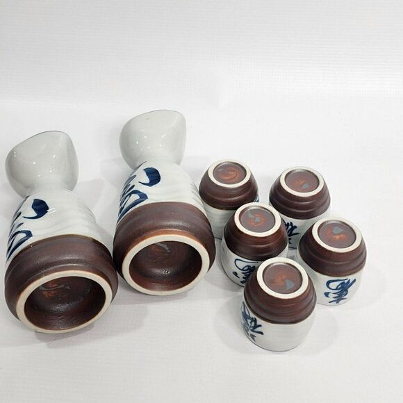 7pc Japanese Sake Set in Box Ceramic Hand Painted Blue White - Picture 10 of 12